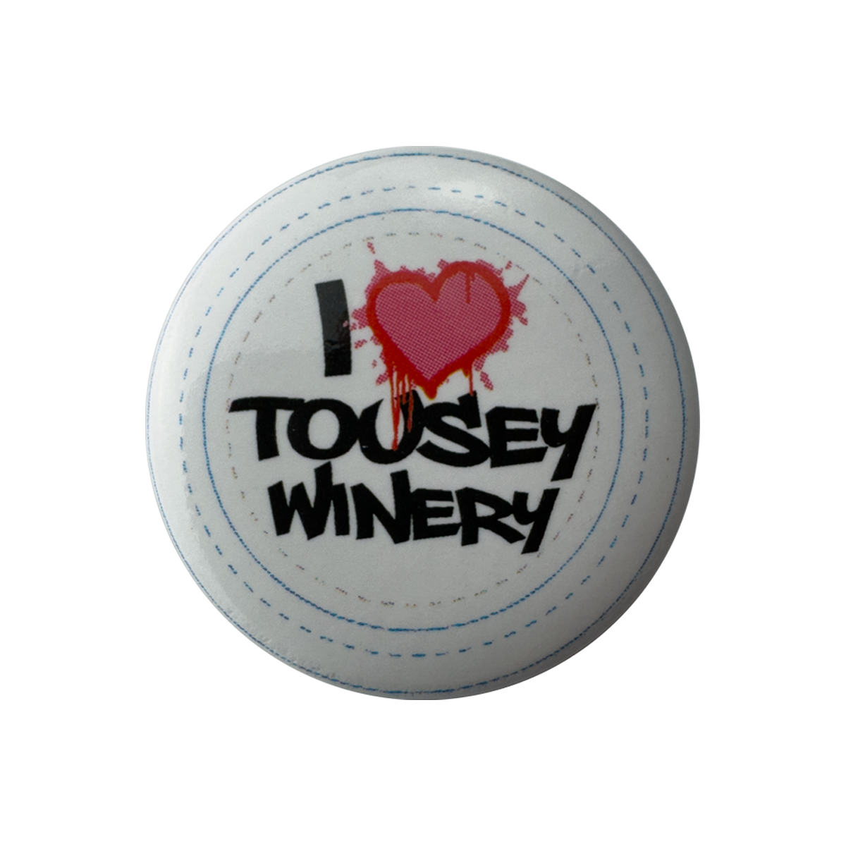 White ball with 'I ❤️ Tousey Winery' text on a white background